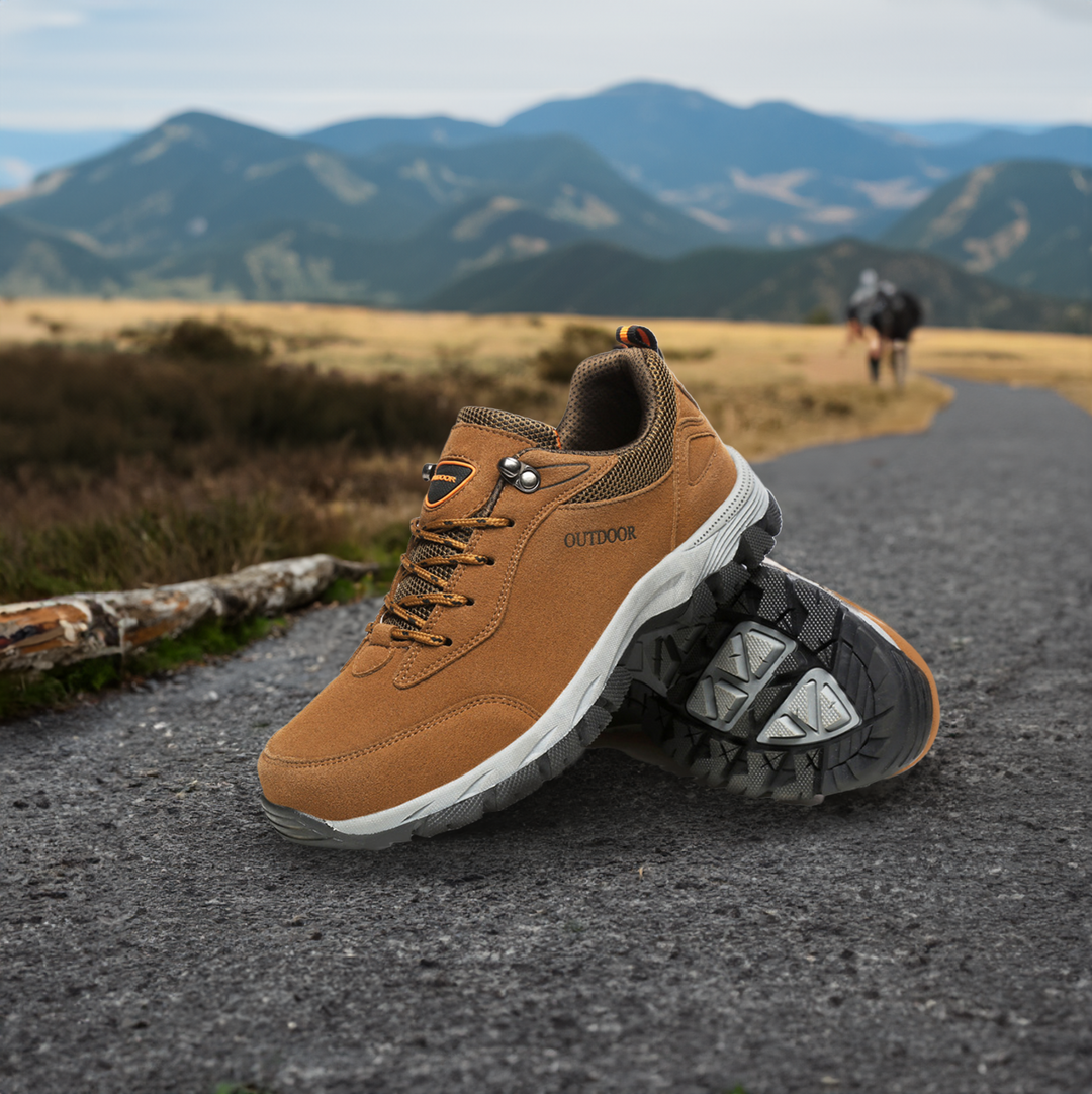 Men's brown orthopedic walking shoes offering foot pain relief with cushioned insoles and supportive arch design.