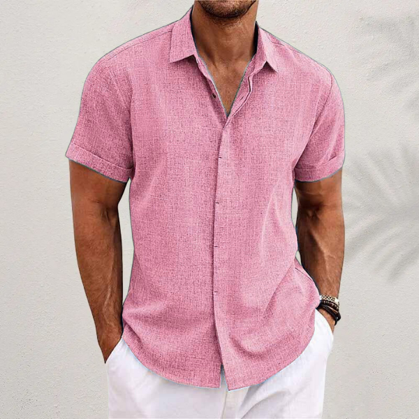 Men's cotton linen short sleeve shirt, front view, breathable fabric, versatile design, perfect for casual and semi-formal we