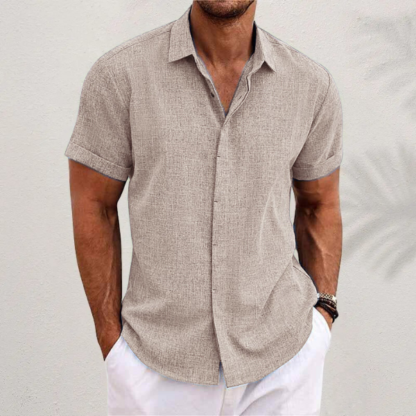 Men's cotton linen short sleeve shirt, front view, breathable fabric, versatile design, perfect for casual and semi-formal we