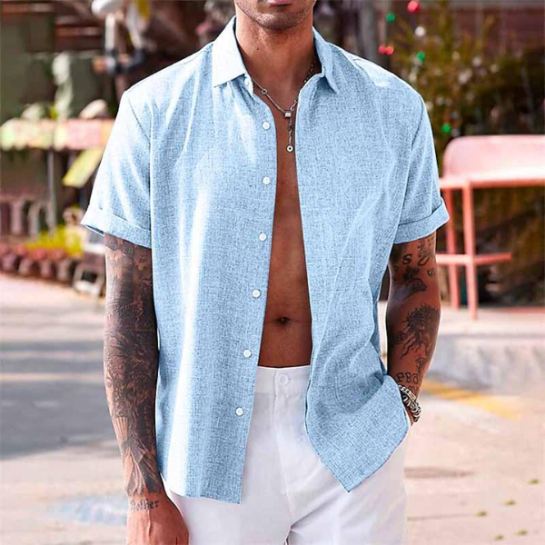 Men's cotton linen short sleeve shirt, front view, breathable fabric, versatile design, perfect for casual and semi-formal we