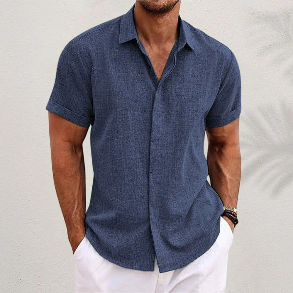 Men's cotton linen short sleeve shirt, front view, breathable fabric, versatile design, perfect for casual and semi-formal we