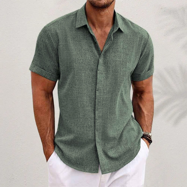 Men's cotton linen short sleeve shirt, front view, breathable fabric, versatile design, perfect for casual and semi-formal we