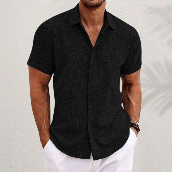 Men's cotton linen short sleeve shirt, front view, breathable fabric, versatile design, perfect for casual and semi-formal we