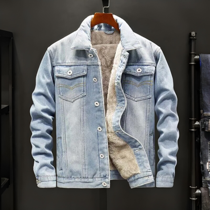 Men's denim jacket with fleece lining, displaying timeless style and warmth, ideal for winter outfits and casual occasions.