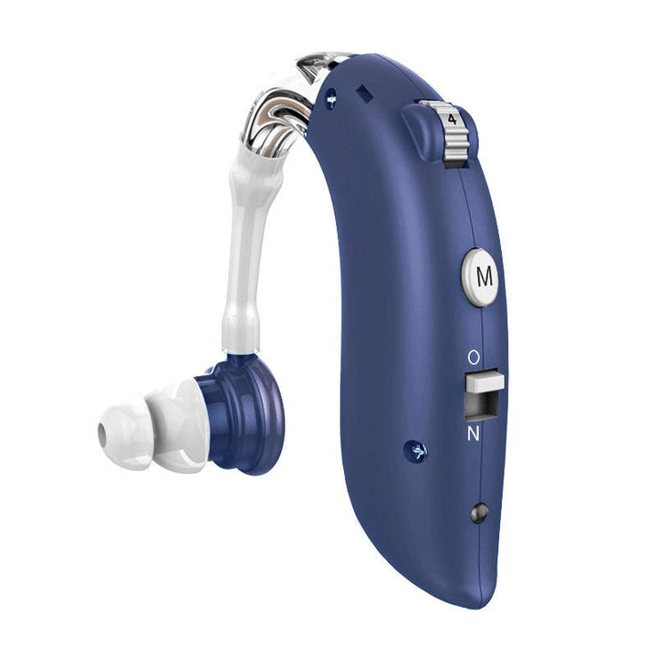 "Men's digital behind-ear hearing aid with sleek design, enhancing sound clarity, rechargeable, and customizable fit."
