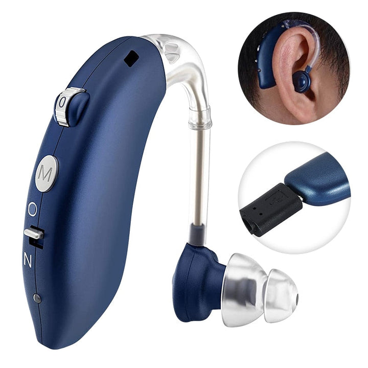 "Men's digital behind-ear hearing aid with sleek design, enhancing sound clarity, rechargeable, and customizable fit."