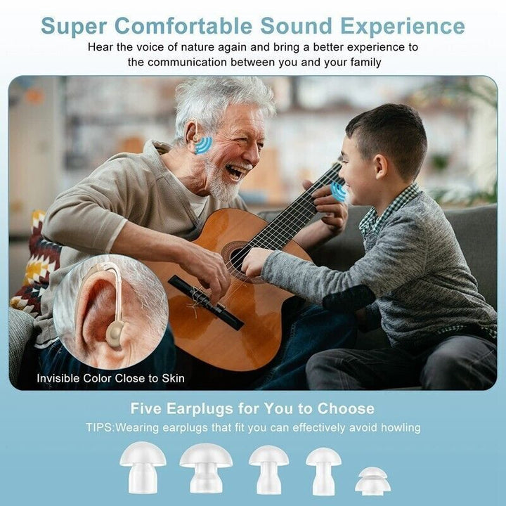 "Men's digital behind-ear hearing aid with sleek design, enhancing sound clarity, rechargeable, and customizable fit."