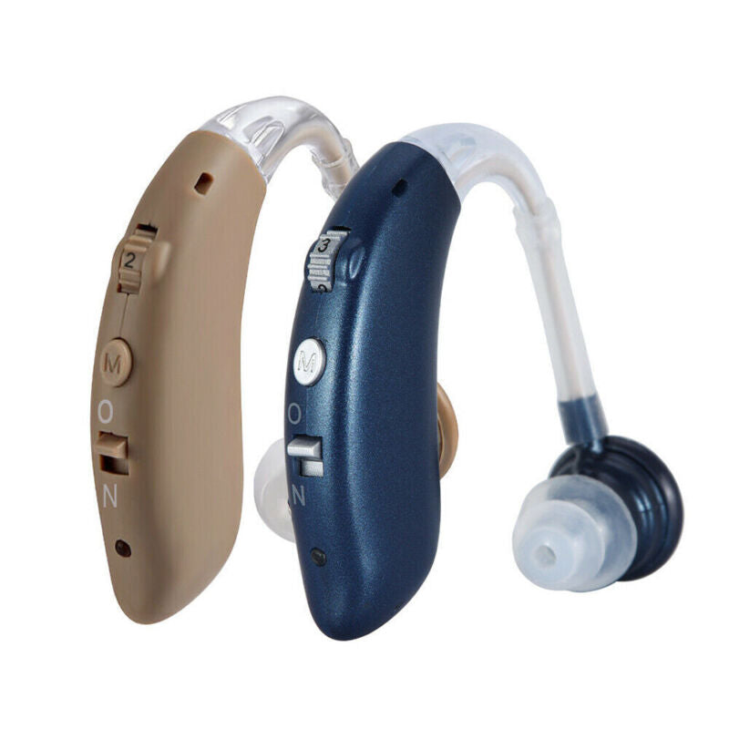 "Men's digital behind-ear hearing aid with sleek design, enhancing sound clarity, rechargeable, and customizable fit."