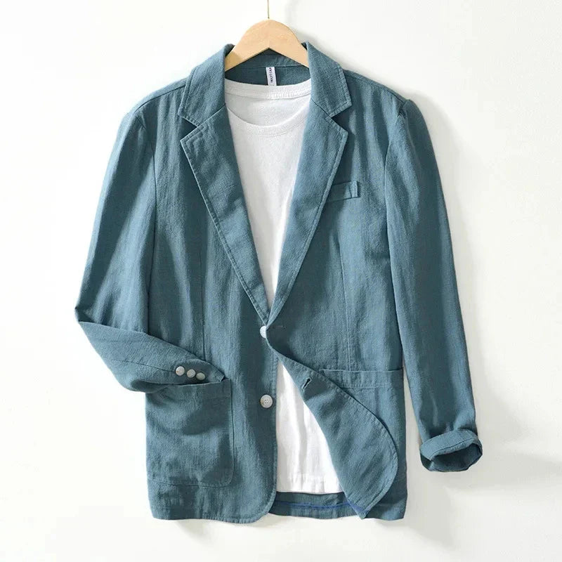 "Men's gray linen blazer, soft breathable summer jacket, front view; elegant, casual to semi-formal style."