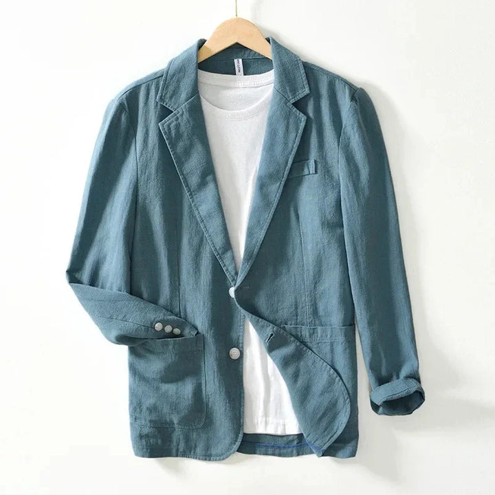 "Men's gray linen blazer, soft breathable summer jacket, front view; elegant, casual to semi-formal style."