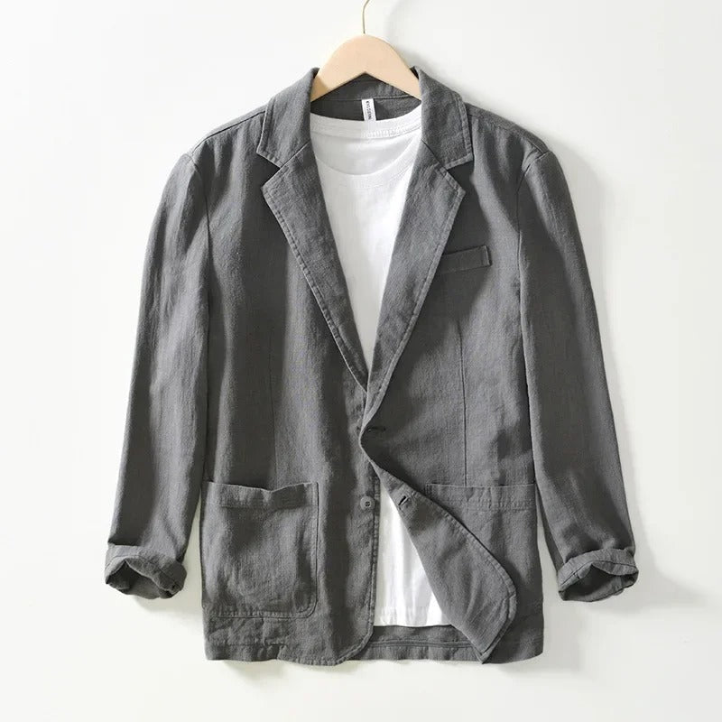 "Men's gray linen blazer, soft breathable summer jacket, front view; elegant, casual to semi-formal style."