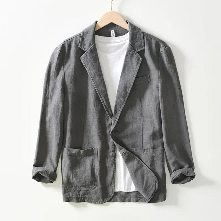 "Men's gray linen blazer, soft breathable summer jacket, front view; elegant, casual to semi-formal style."