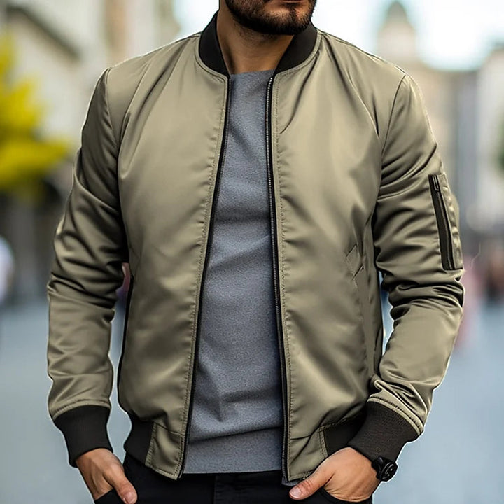 Men's lightweight bomber jacket, classic sleek design in khaki, casual fit, versatile for smart-casual and everyday wear.