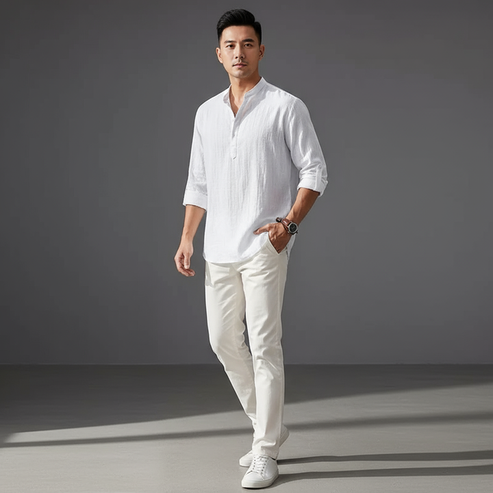 "Men's linen long sleeve polo with chino collar, half button-up design, classic fit, in timeless muted colors"