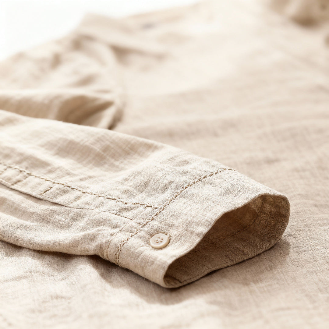 "Men's linen long sleeve polo with chino collar, half button-up design, classic fit, in timeless muted colors"