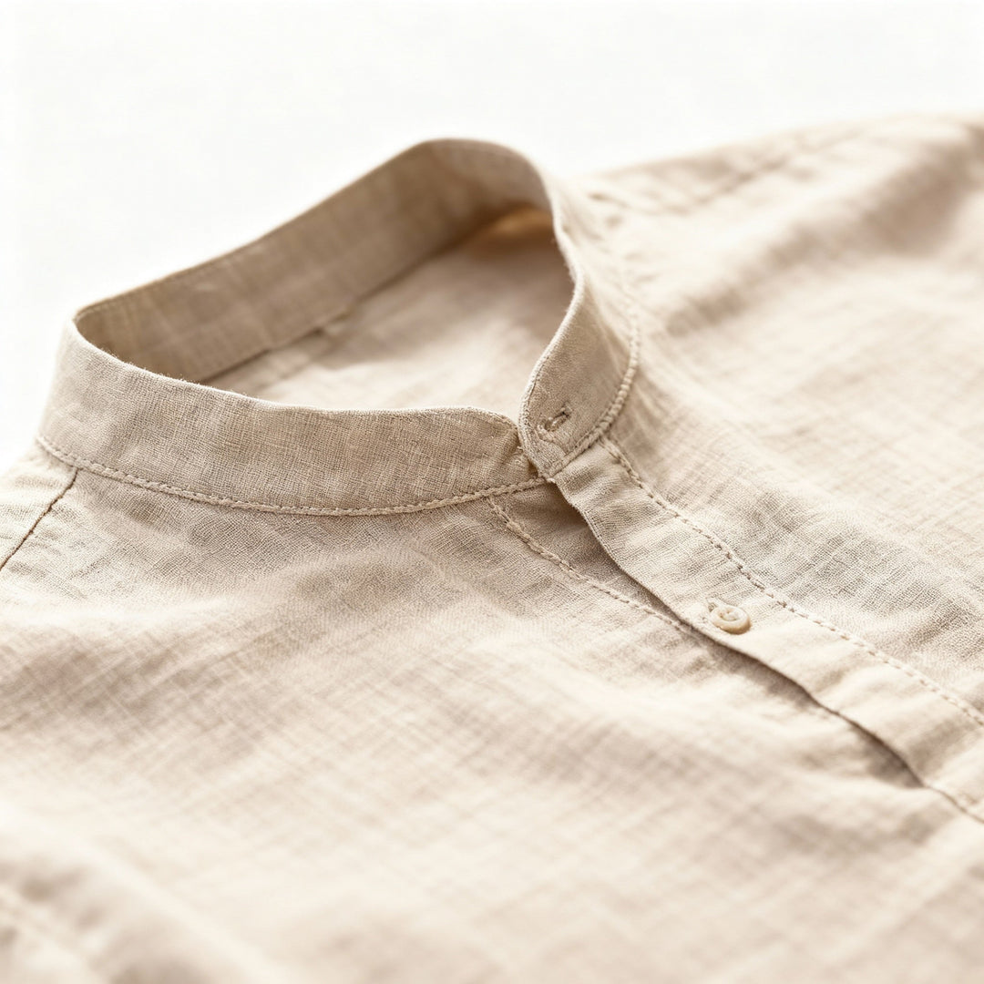 "Men's linen long sleeve polo with chino collar, half button-up design, classic fit, in timeless muted colors"