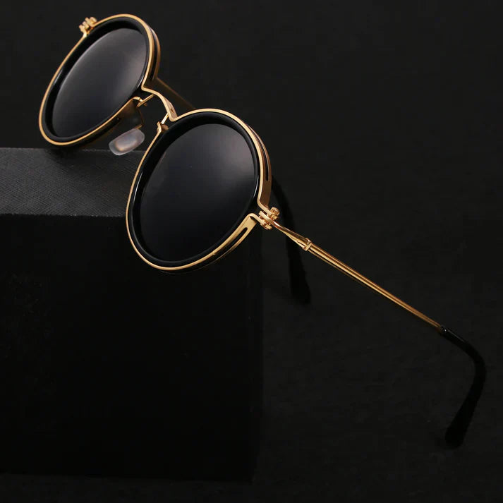 "Men's polarized sunglasses, sleek design with UV protection, gold frame, designed for style, comfort, and glare reduction."