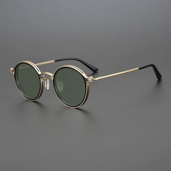 "Men's polarized sunglasses, sleek design with UV protection, gold frame, designed for style, comfort, and glare reduction."