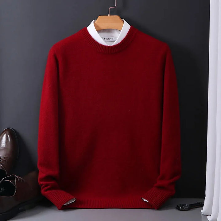 Men's premium cashmere sweater in classic fit, showcasing timeless style in versatile colors like beige, black, and navy.