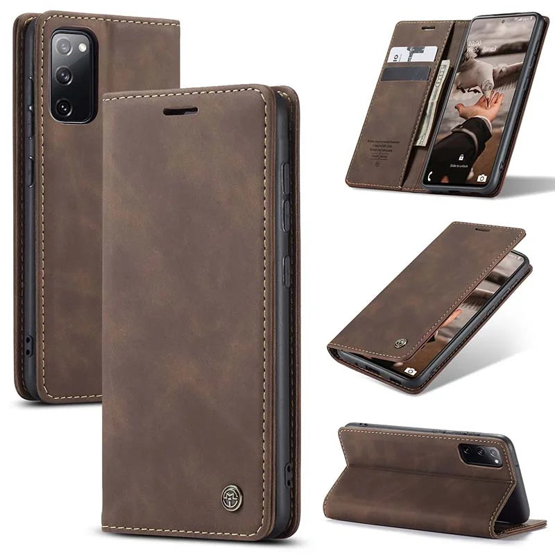 Men's retro leather wallet case for Samsung Galaxy with card slots, cash pocket, PU leather, magnetic closure, elegant design