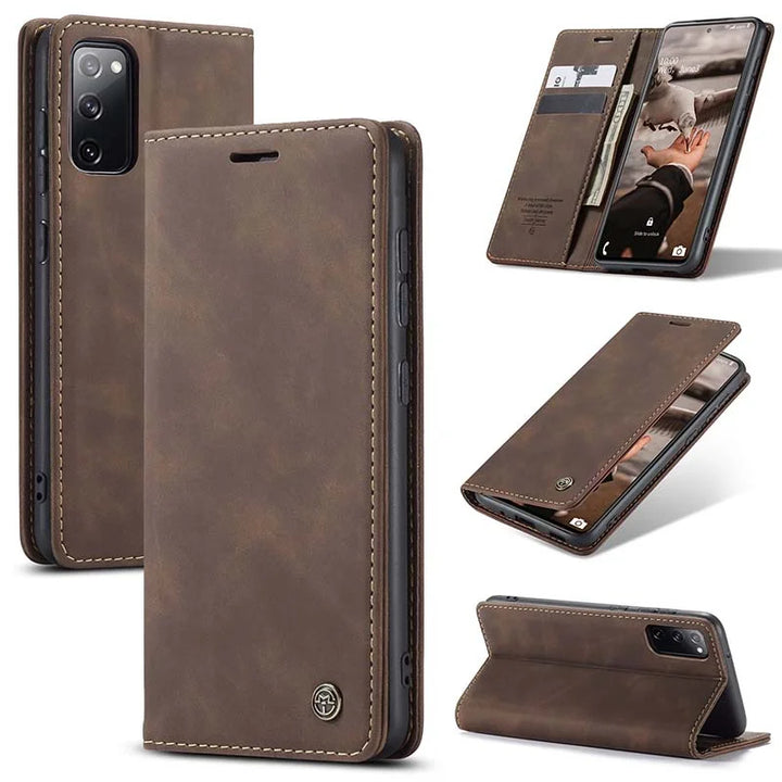 Men's retro leather wallet case for Samsung Galaxy with card slots, cash pocket, PU leather, magnetic closure, elegant design