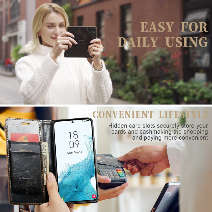 Men's retro leather wallet case for Samsung Galaxy with card slots, cash pocket, PU leather, magnetic closure, elegant design