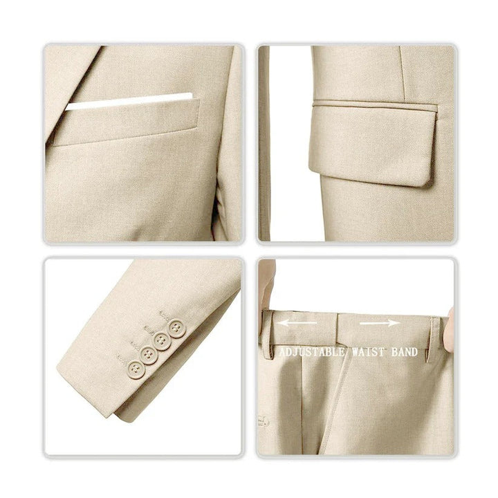 "Men's slim fit 3-piece suit in beige on mannequin; sleek blazer, vest, trousers; perfect for formal events; versatile attire