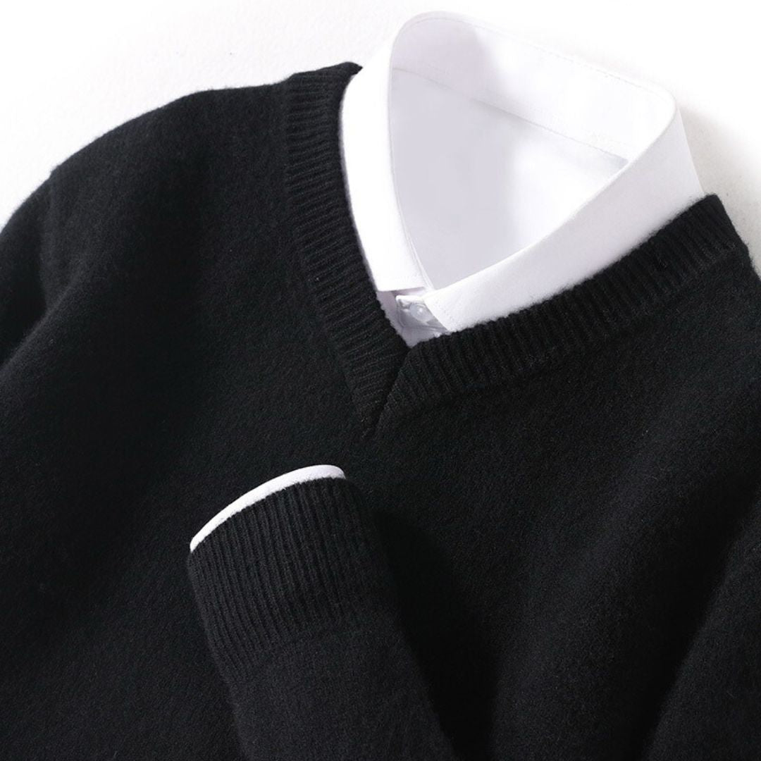 "Men's soft Merino V-Neck sweater, sleek modern design, ultra-comfortable fit, essential for style-conscious wardrobes."