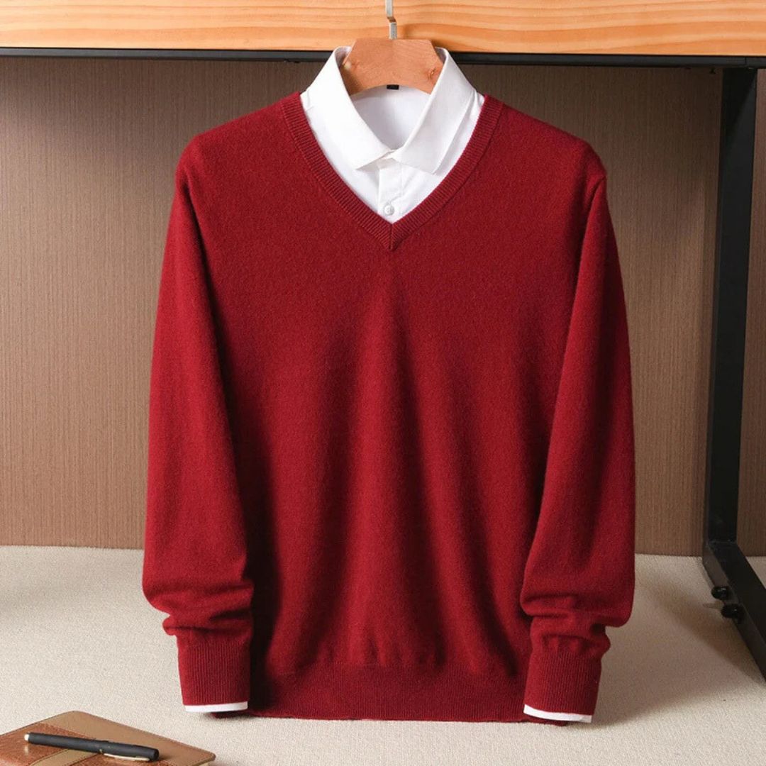 "Men's soft Merino V-Neck sweater, sleek modern design, ultra-comfortable fit, essential for style-conscious wardrobes."