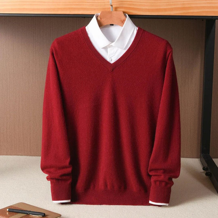 "Men's soft Merino V-Neck sweater, sleek modern design, ultra-comfortable fit, essential for style-conscious wardrobes."