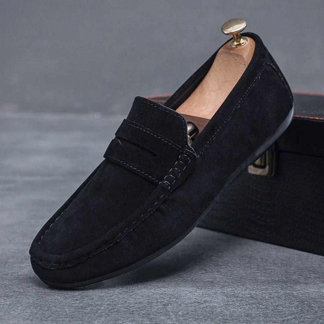 Men's suede driving loafers with slip-on design, comfortable fit, rubber sole, and luxurious finish, ideal for versatile wear