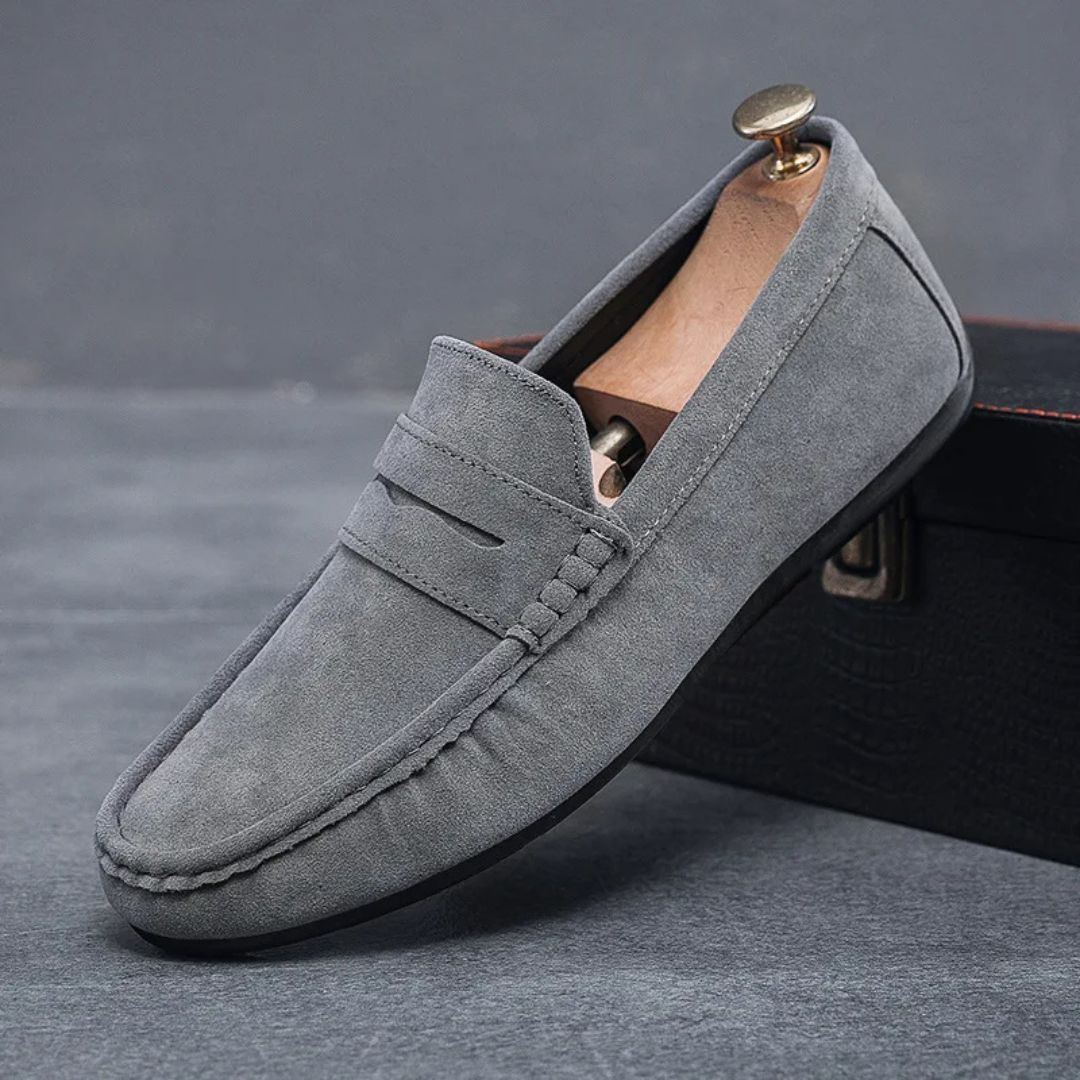Men's suede driving loafers with slip-on design, comfortable fit, rubber sole, and luxurious finish, ideal for versatile wear