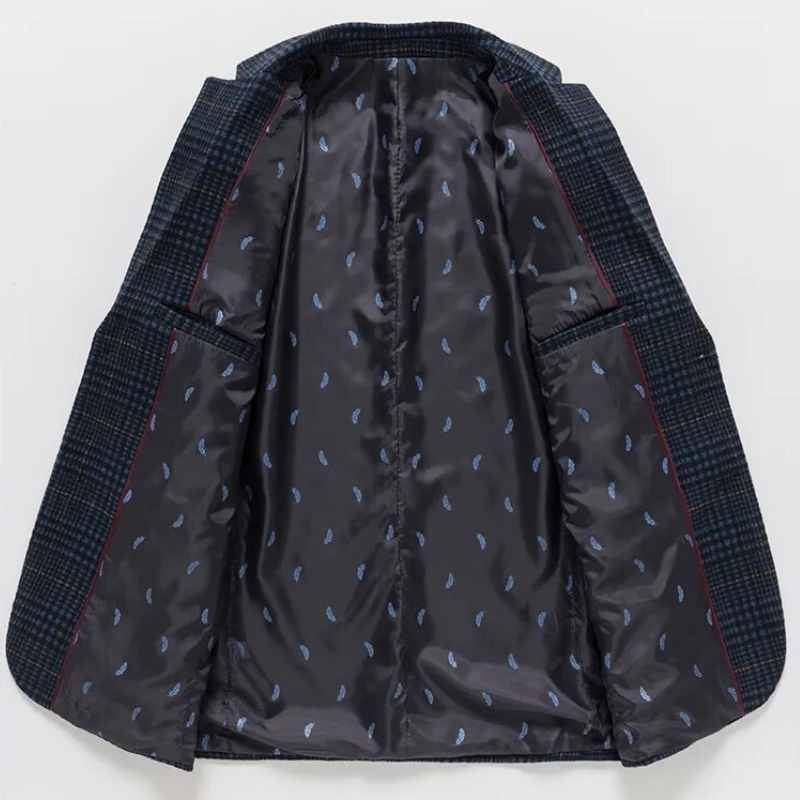 Men's tailored wool blazer with smooth cotton lining, showing elegant fit and dual pockets for stylish comfort.