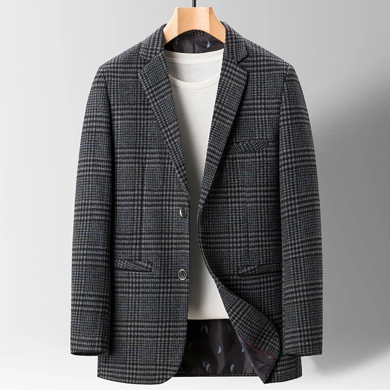Men's tailored wool blazer with smooth cotton lining, showing elegant fit and dual pockets for stylish comfort.