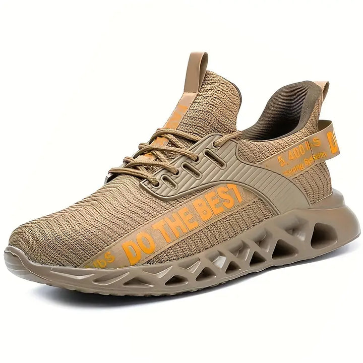 "Men's ultra-light breathable steel toe shoes, black and red, front view. Offers safety and comfort for work environments."
