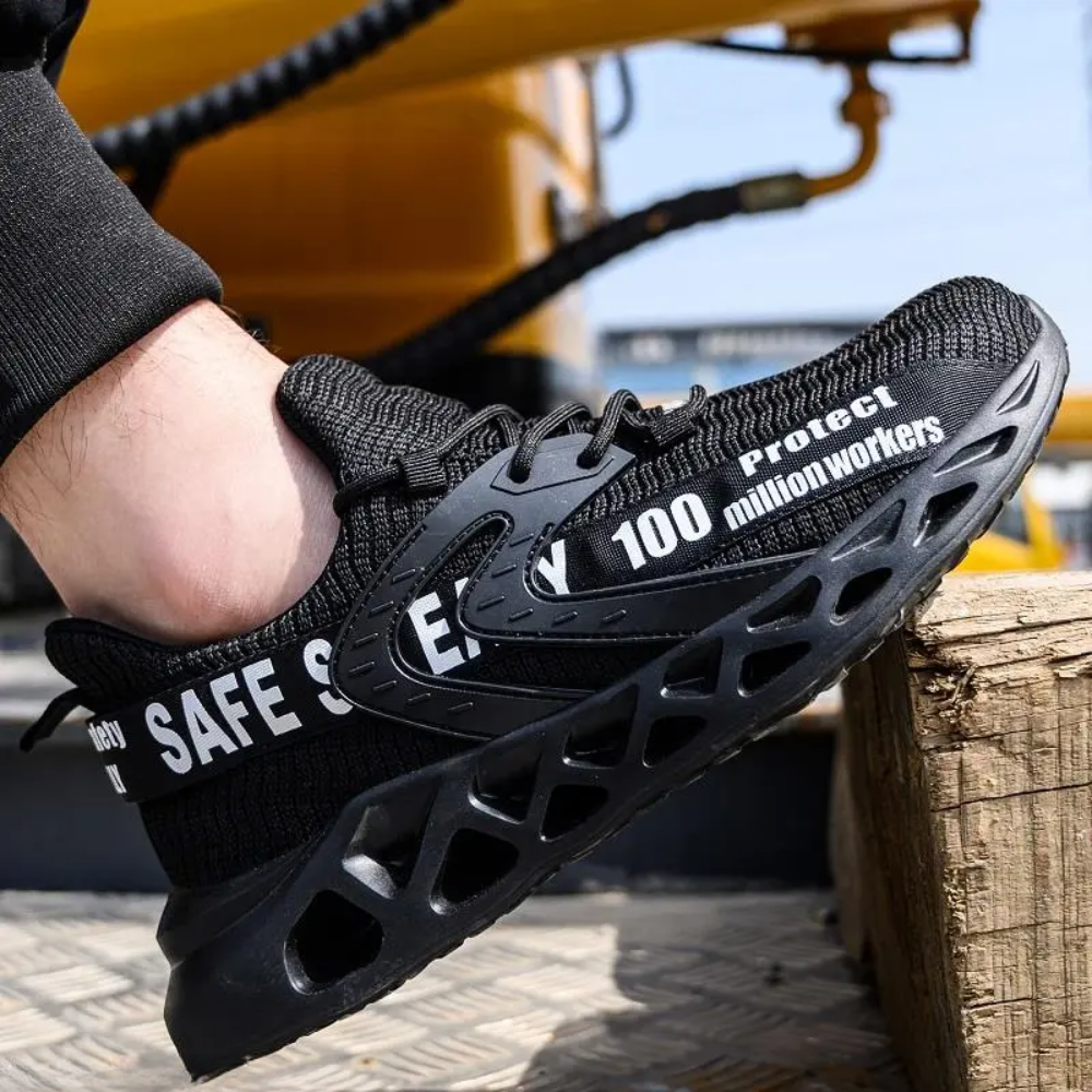 "Men's ultra-light breathable steel toe shoes, black and red, front view. Offers safety and comfort for work environments."
