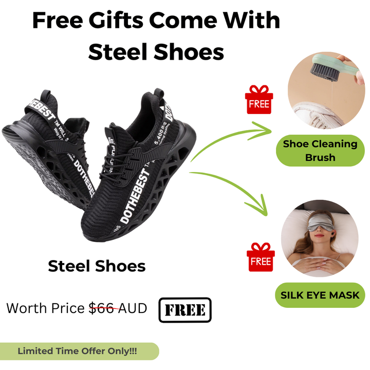 "Men's ultra-light breathable steel toe shoes, black and red, front view. Offers safety and comfort for work environments."