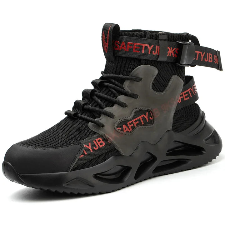 "Men's ultra-light breathable steel toe shoes, black and red, front view. Offers safety and comfort for work environments."