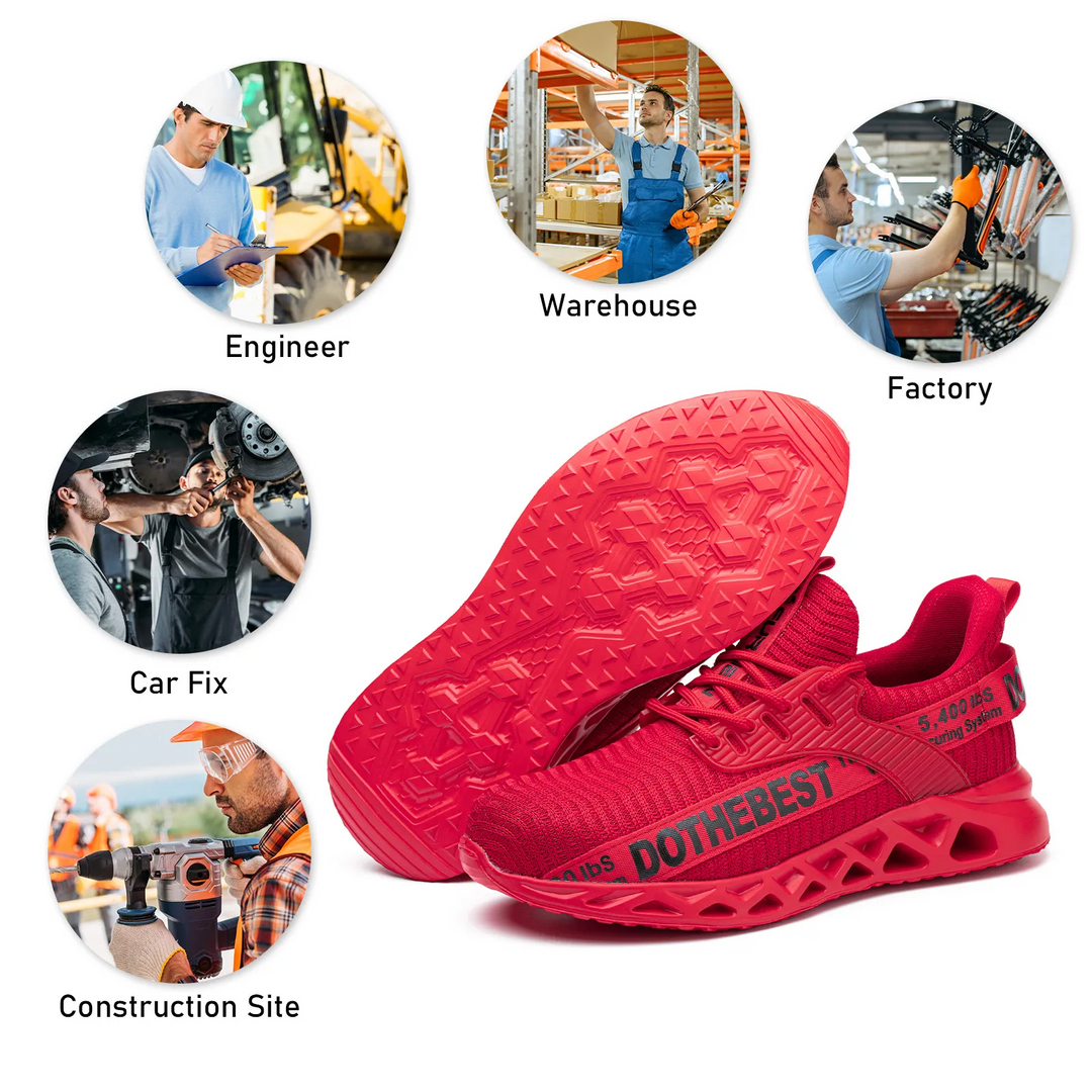 "Men's ultra-light breathable steel toe shoes, black and red, front view. Offers safety and comfort for work environments."