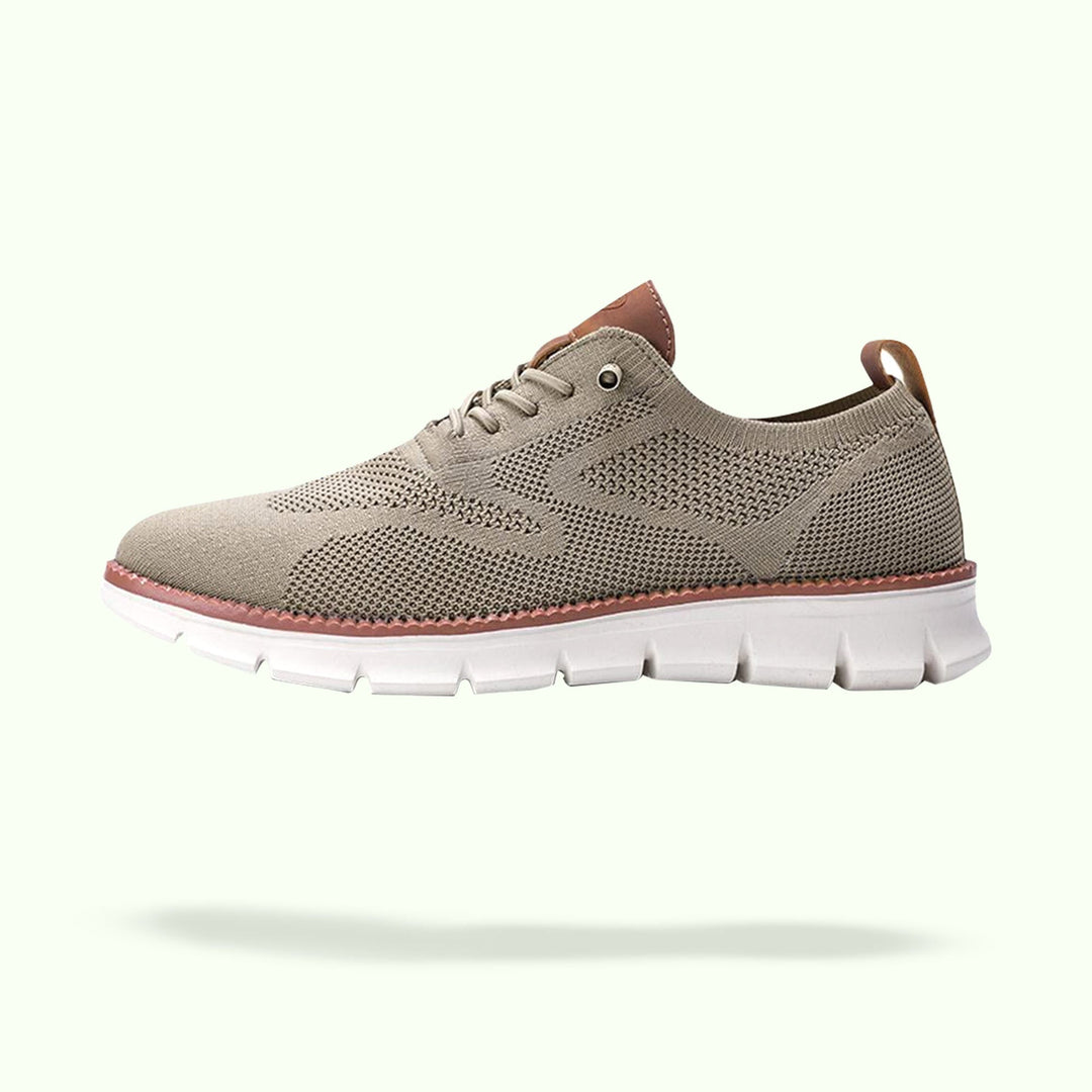 "Men's urban shoes with breathable soles and comfort fit, available in black, blue, brown, khaki, olive, and white."