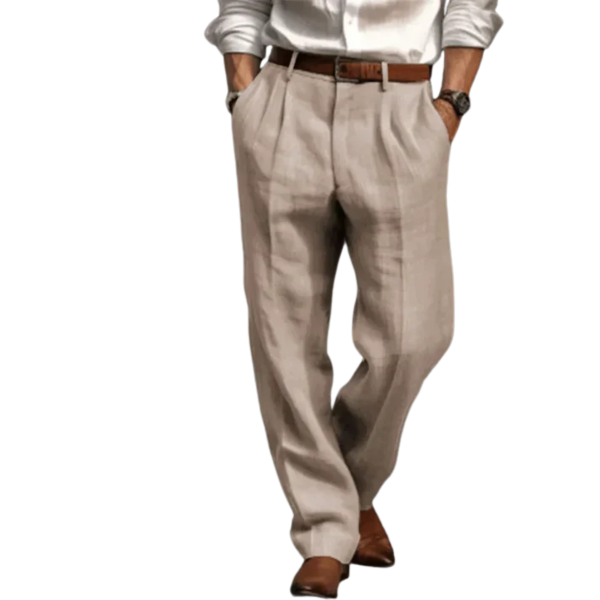 "Men's vintage loose fit linen trousers, relaxed fit, breathable, versatile colors, suitable for casual and semi-formal wear.