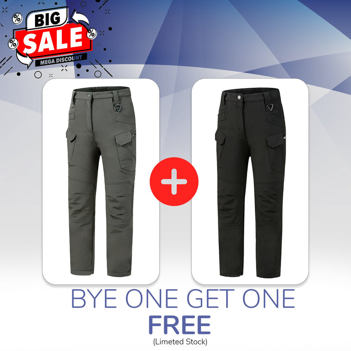 Men's waterproof fleece-lined tactical trousers with ten pockets, reinforced knees, shown outdoors for extreme weather use.