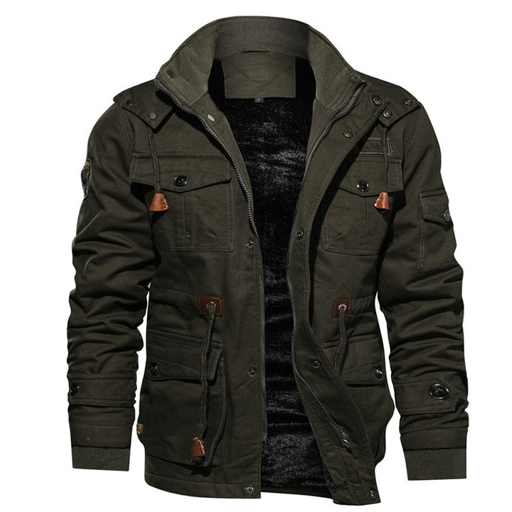 "Men's waterproof winter jacket with adjustable hood, modern design, versatile colors, ideal for cold, wet weather."