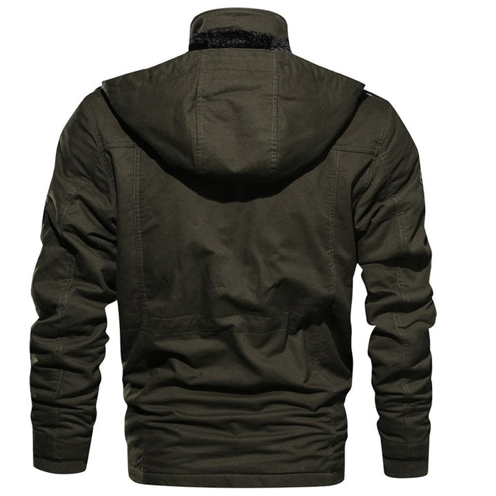 "Men's waterproof winter jacket with adjustable hood, modern design, versatile colors, ideal for cold, wet weather."