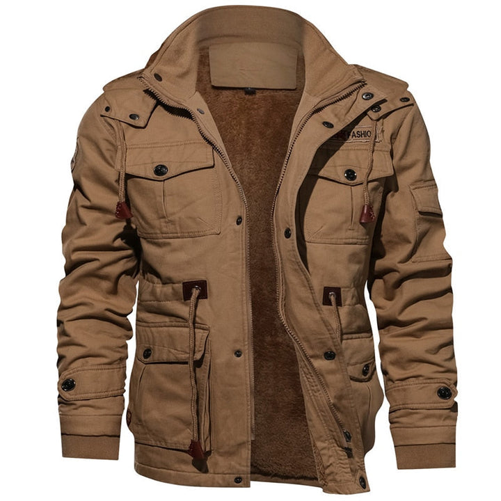 "Men's waterproof winter jacket with adjustable hood, modern design, versatile colors, ideal for cold, wet weather."