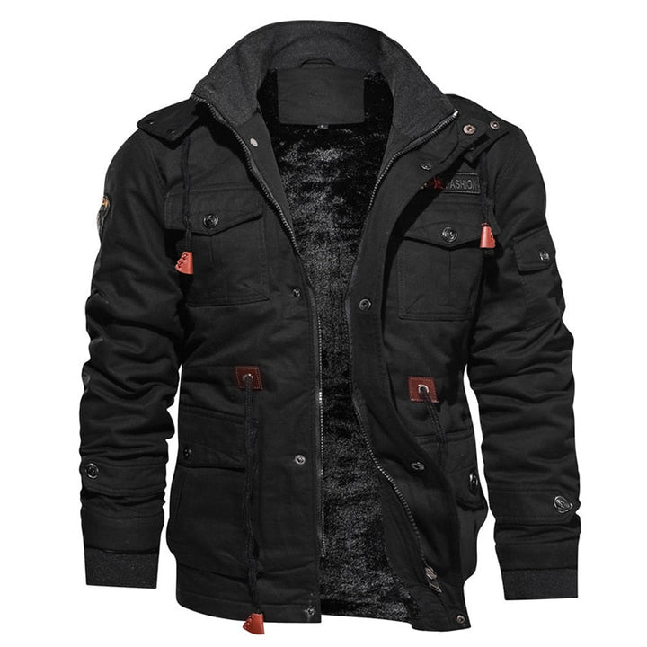 "Men's waterproof winter jacket with adjustable hood, modern design, versatile colors, ideal for cold, wet weather."