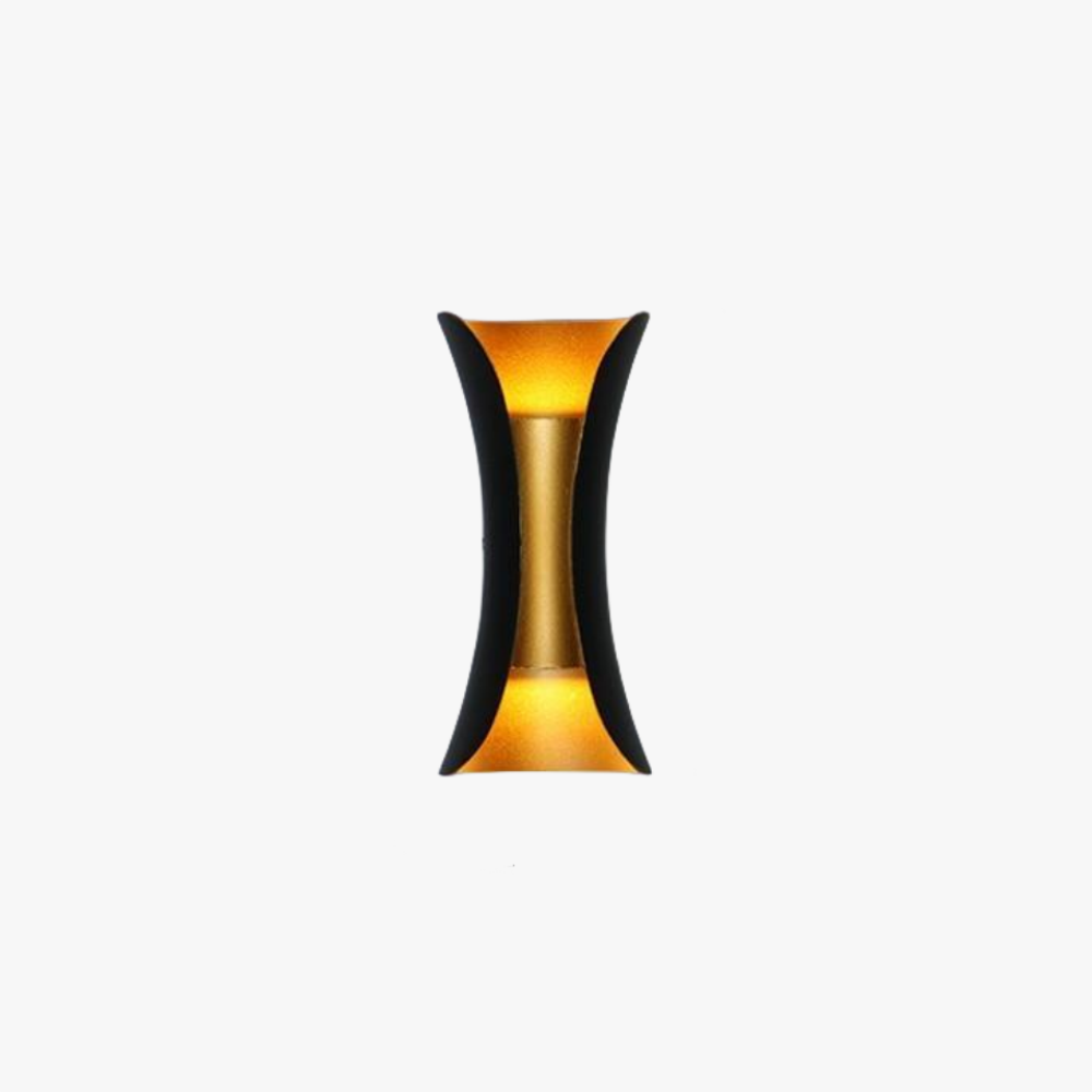 "Modern LED outdoor wall lamp, black and gold, sleek design, ideal for garden and entrance, weather-resistant and energy-effi