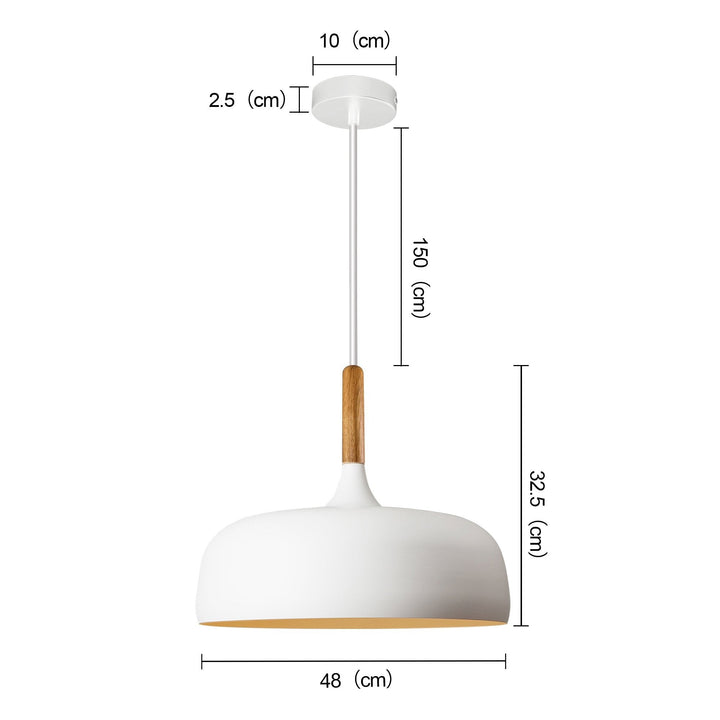 "Modern Nordic metal pendant light with timber top, matt black and white finish, E27, ideal for contemporary interiors."