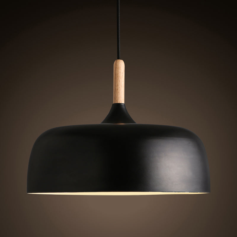 "Modern Nordic metal pendant light with timber top, matt black and white finish, E27, ideal for contemporary interiors."
