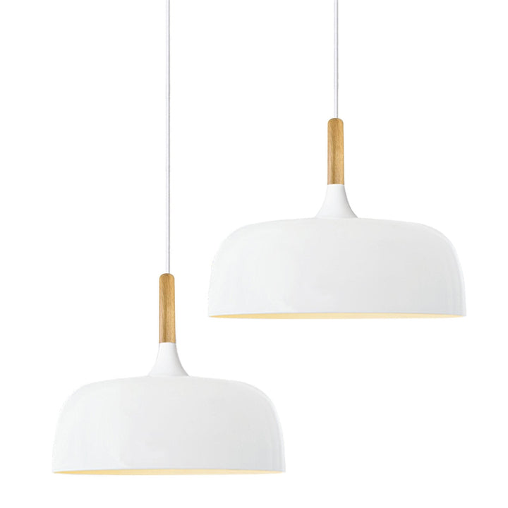 "Modern Nordic metal pendant light with timber top, matt black and white finish, E27, ideal for contemporary interiors."